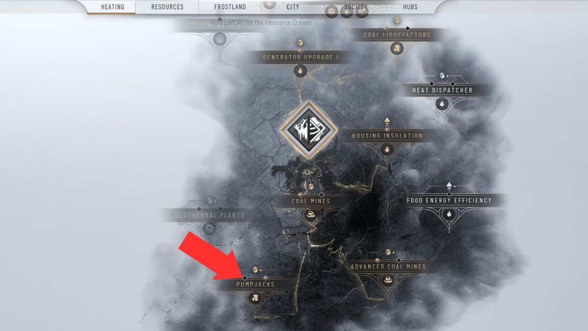 El árbol de ideas en Frostpunk 2, que muestra dónde investigar Pumpjacks para superar el Capítulo 2. 