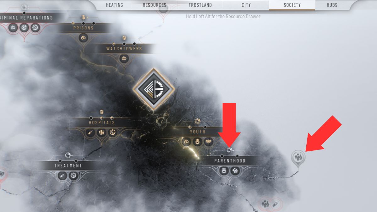 El árbol de ideas con dos ramas de investigación resaltadas por flechas que pueden aumentar la fuerza laboral en Frostpunk 2.