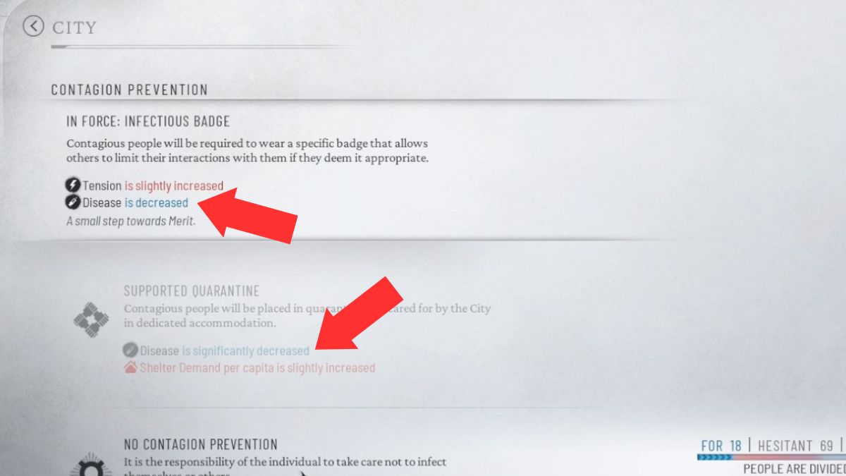 La opción de ciudad de pantalla de legislación, donde el jugador puede promulgar leyes para reducir las enfermedades durante el Capítulo 2 en Frostpunk 2. 