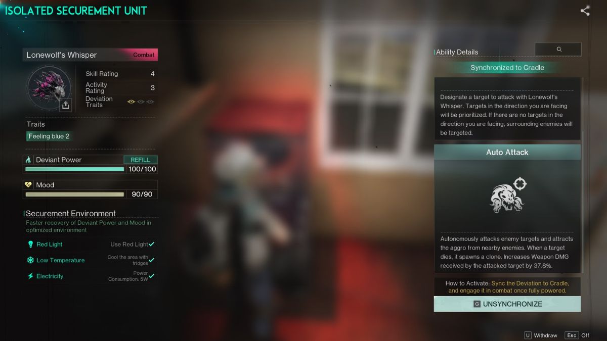 The Lonewolf's Whisper Deviation in its Securement Unit, showing the best Deviation to use for the Crit Damage Fast Gunner build.