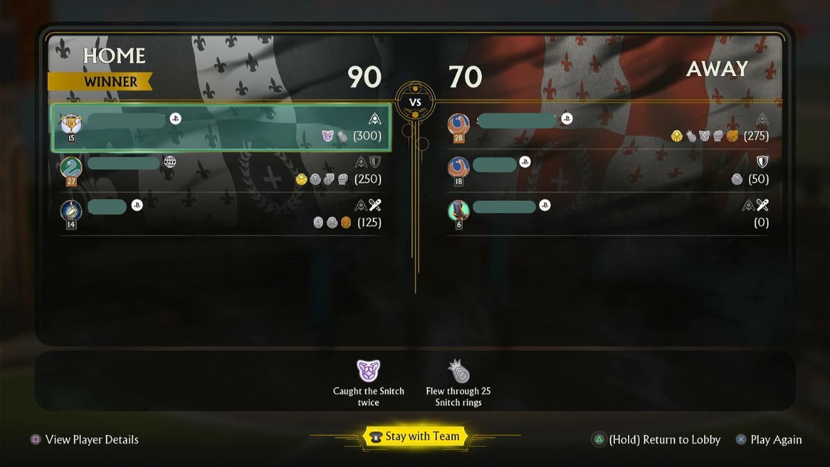 The post-game Multiplayer scoreboard after a match in Harry Potter: Quidditch Champions