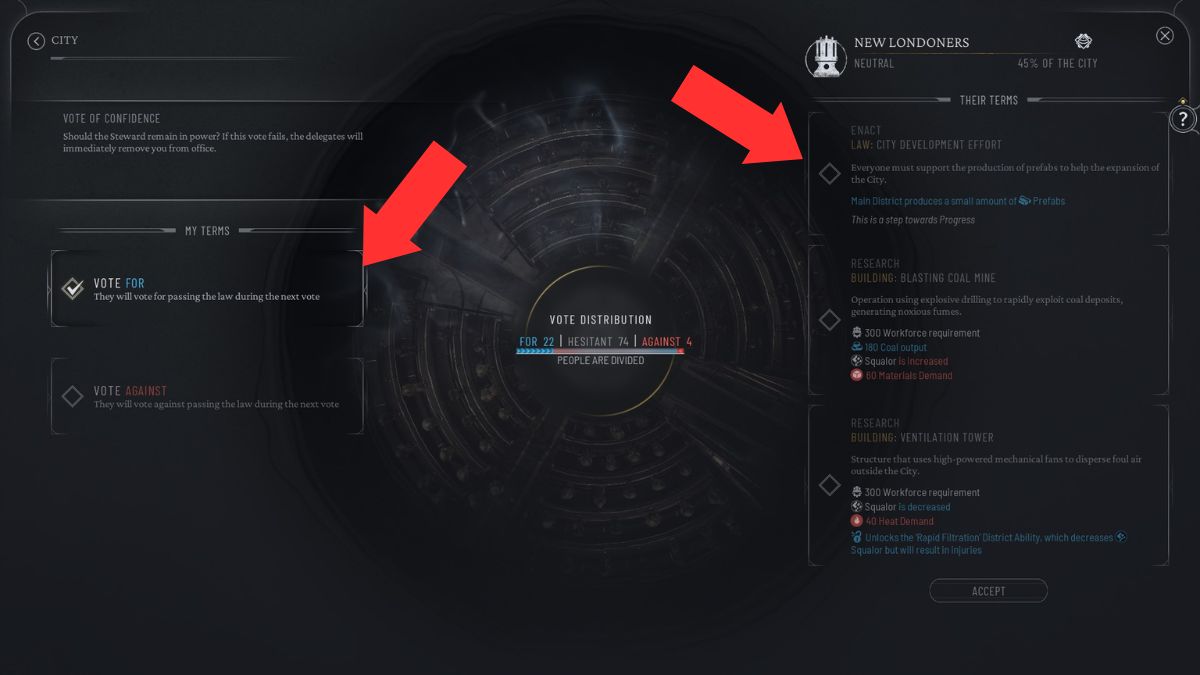 La pantalla de negociación en Frostpunk 2, que muestra cómo negociar con facciones durante el Capítulo 1.