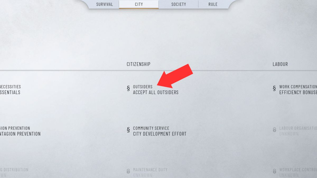 La ley de forasteros resaltada por una flecha en la pantalla del Consejo que puede ayudar a aumentar la fuerza laboral de los jugadores en Frostpunk 2