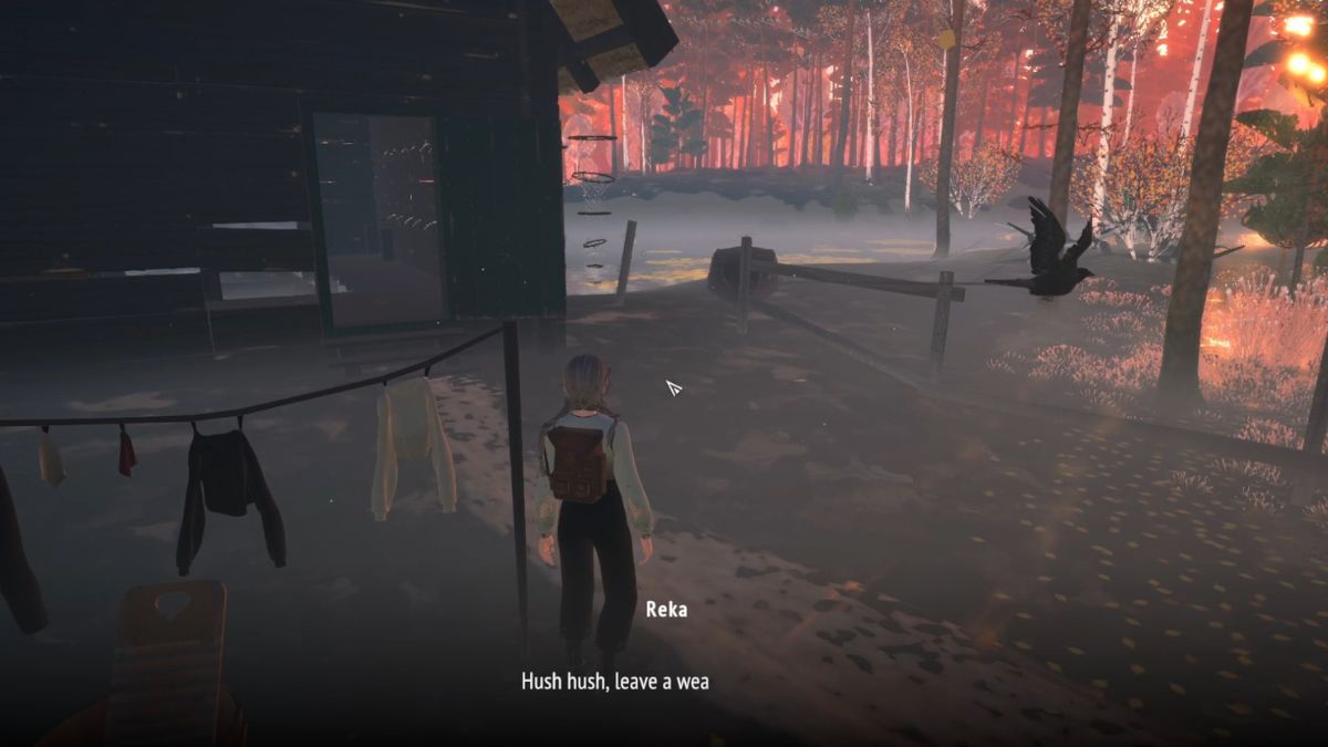 The player chases away the crows that are tormenting the man in Kopnik in the game Reka.