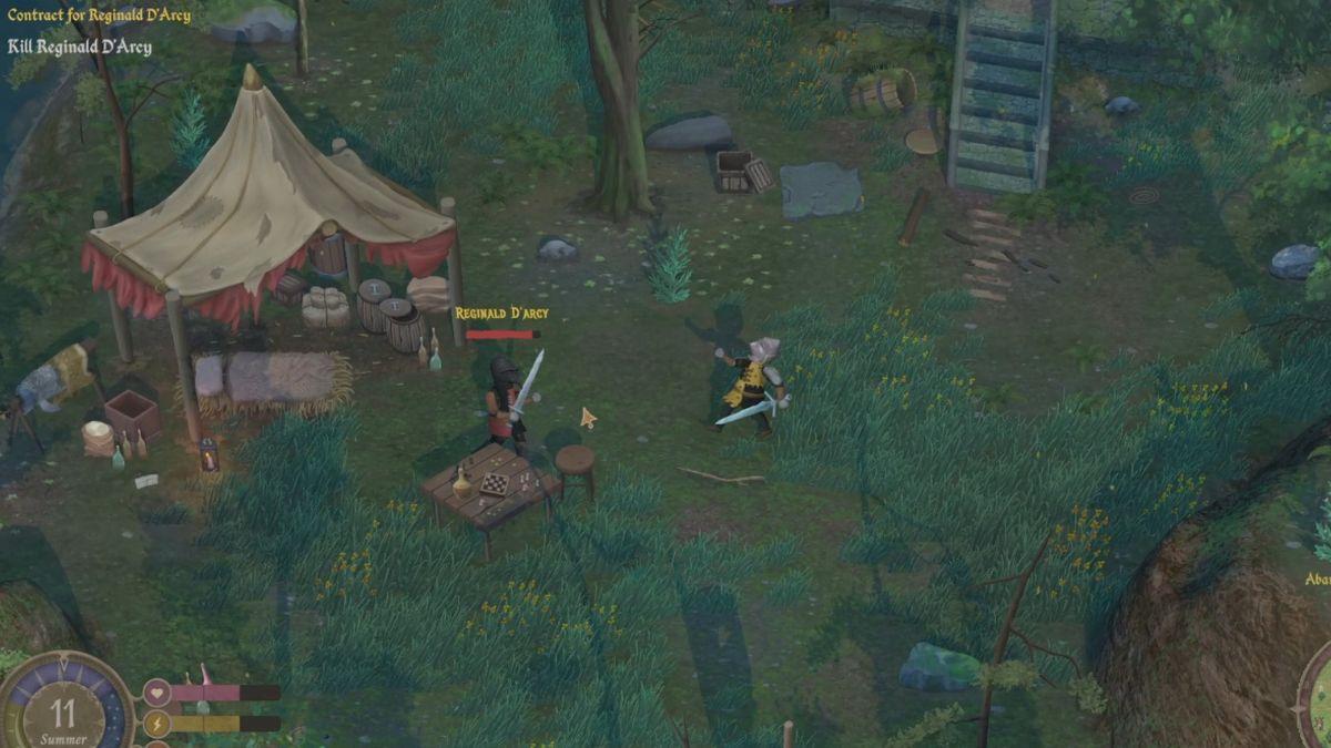 A player fights a strong hero enemy near the abandoned tower in the Mirthwood demo. 