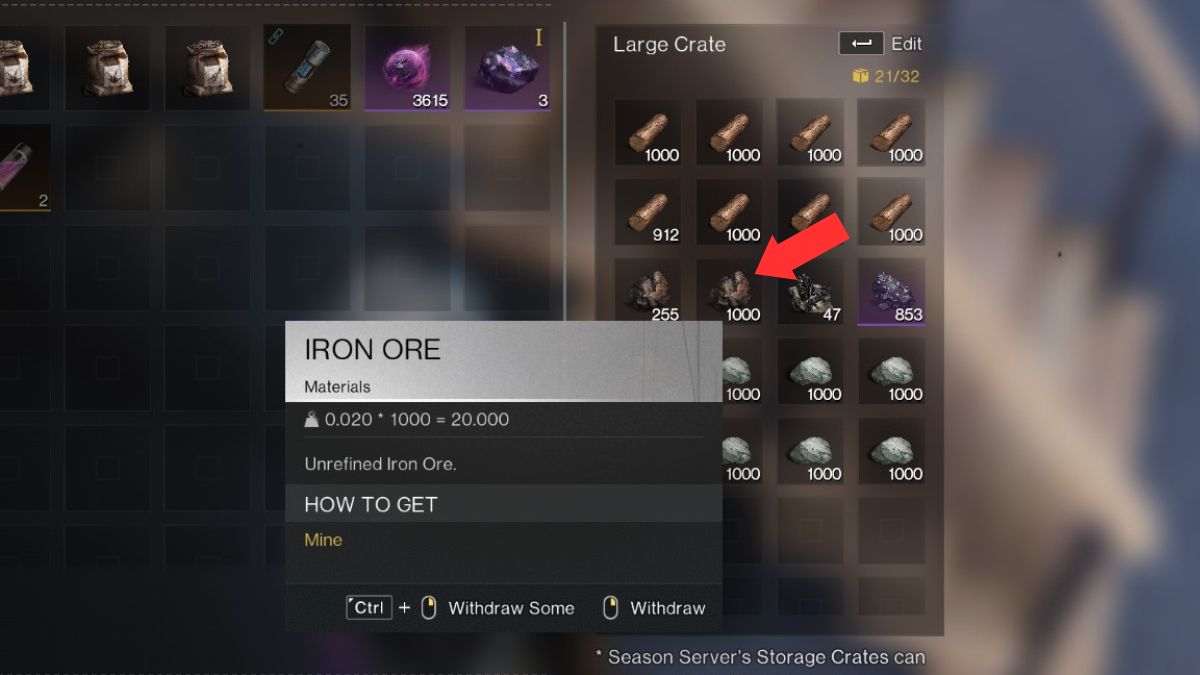 Iron ore in the player inventory, showing that they have the resources to craft steel ingots. 