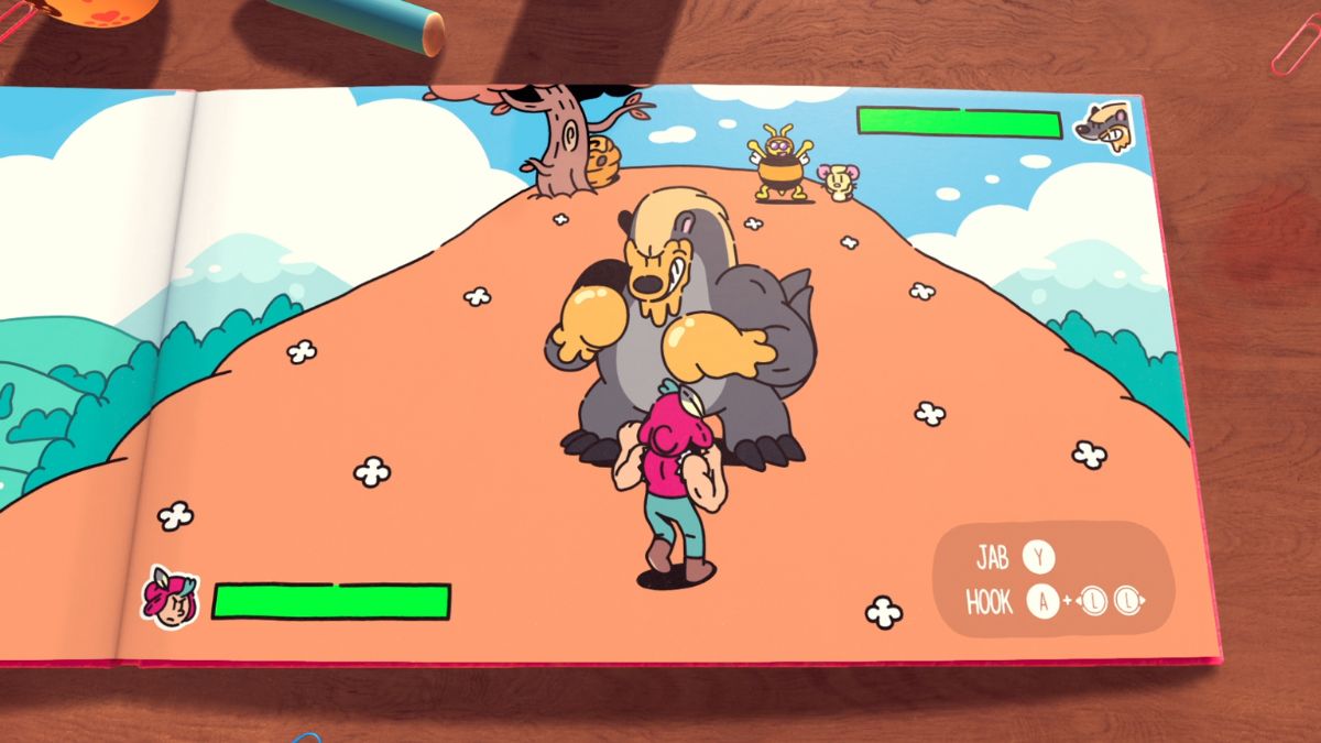 Jot lucha contra un tejón de miel en un combate de boxeo en The Plucky Squire