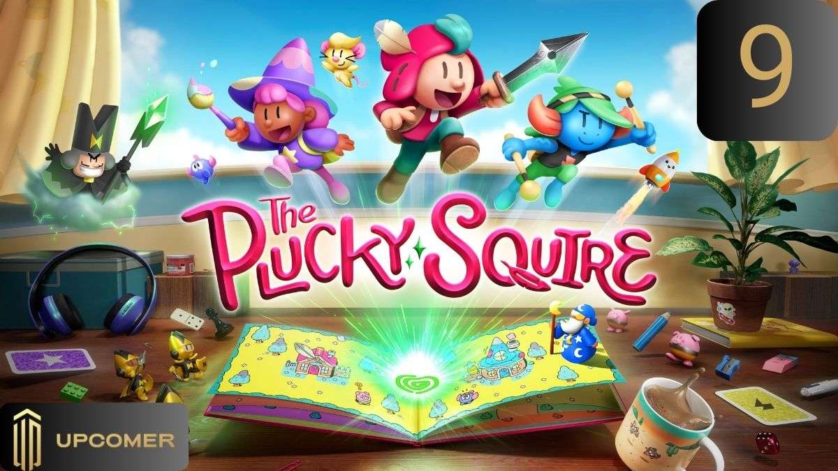 Key art from The Plucky Squire featuring the main characters and the storybook, with a rating and Upcomer logo visible.