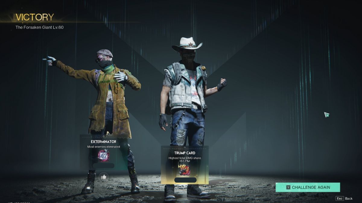 The post-battle screen in the Forsaken Giant boss fight, showing damage shares between an Unstable Bomber and Fast Gunner build. 
