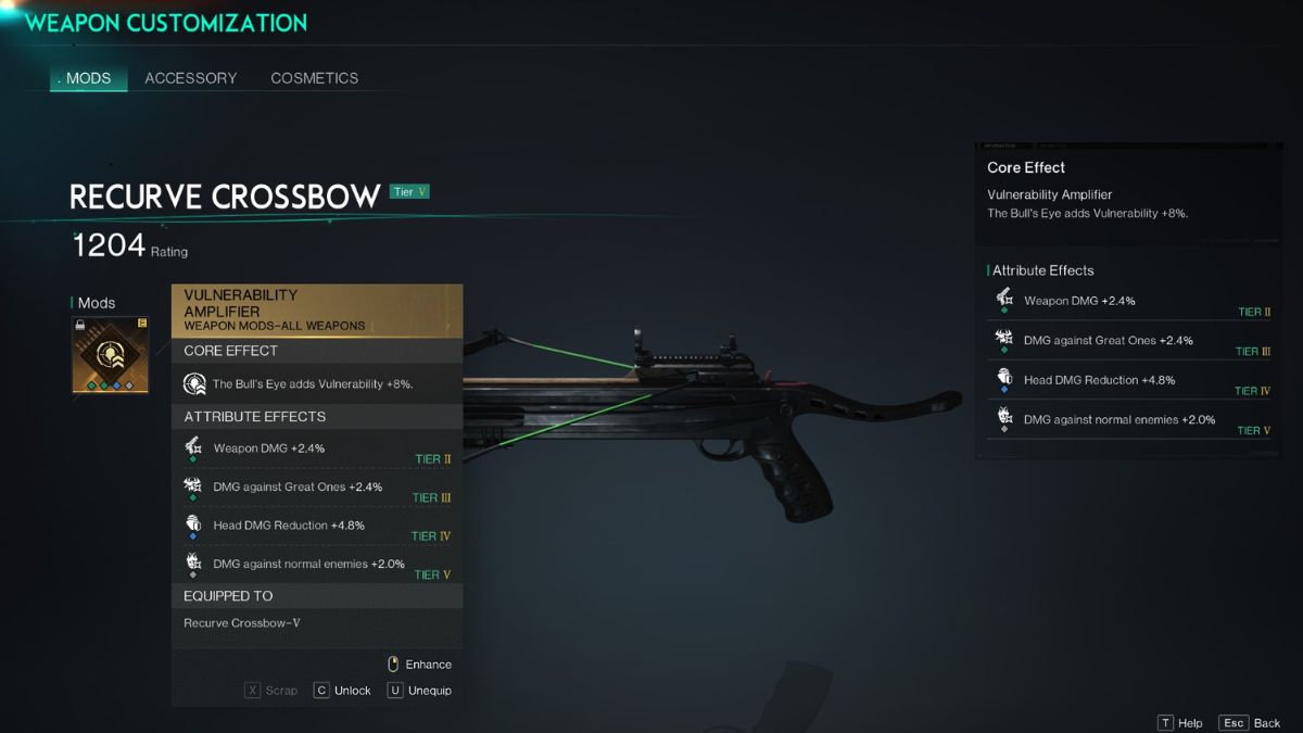 The Recurve Crossbow customization screen with its equipped mod visible, showing the best support weapon for the crit damage Fast Gunner build in Once Human.