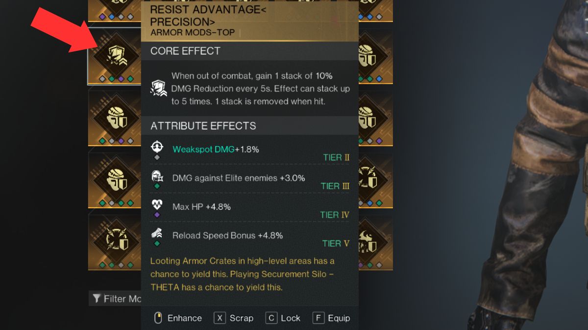 The Resist Advantage mod for the PvP Power Surge build in Once Human, highlighted in the player inventory in-game. 