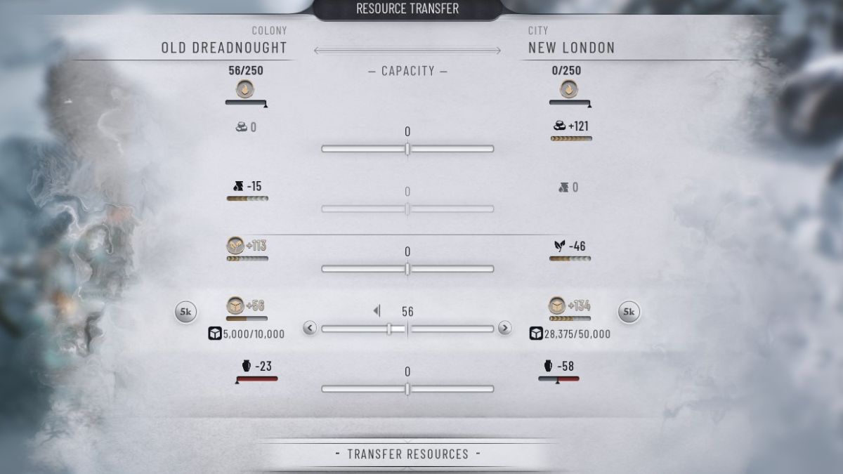 La pantalla de transferencia de recursos durante el Capítulo 1 en Frostpunk 2.