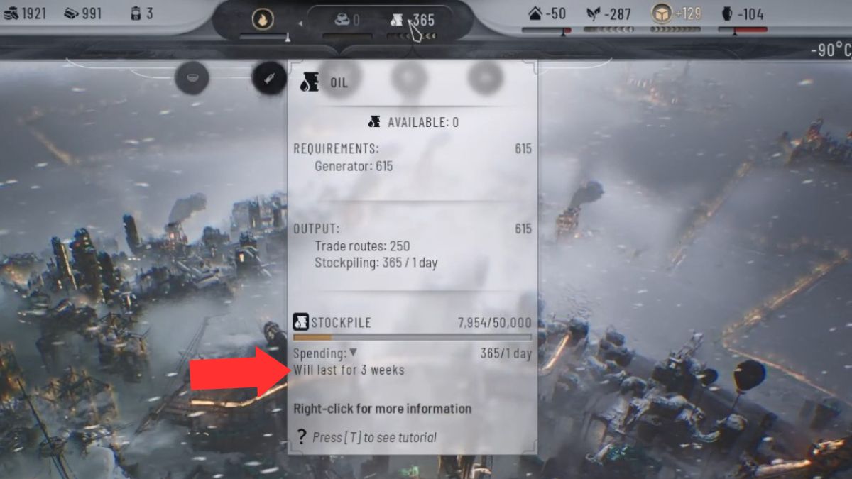 El menú desplegable de recursos en Frostpunk 2, que muestra cuánto tiempo queda antes de que se agote un recurso: información vital para superar el capítulo 2. 