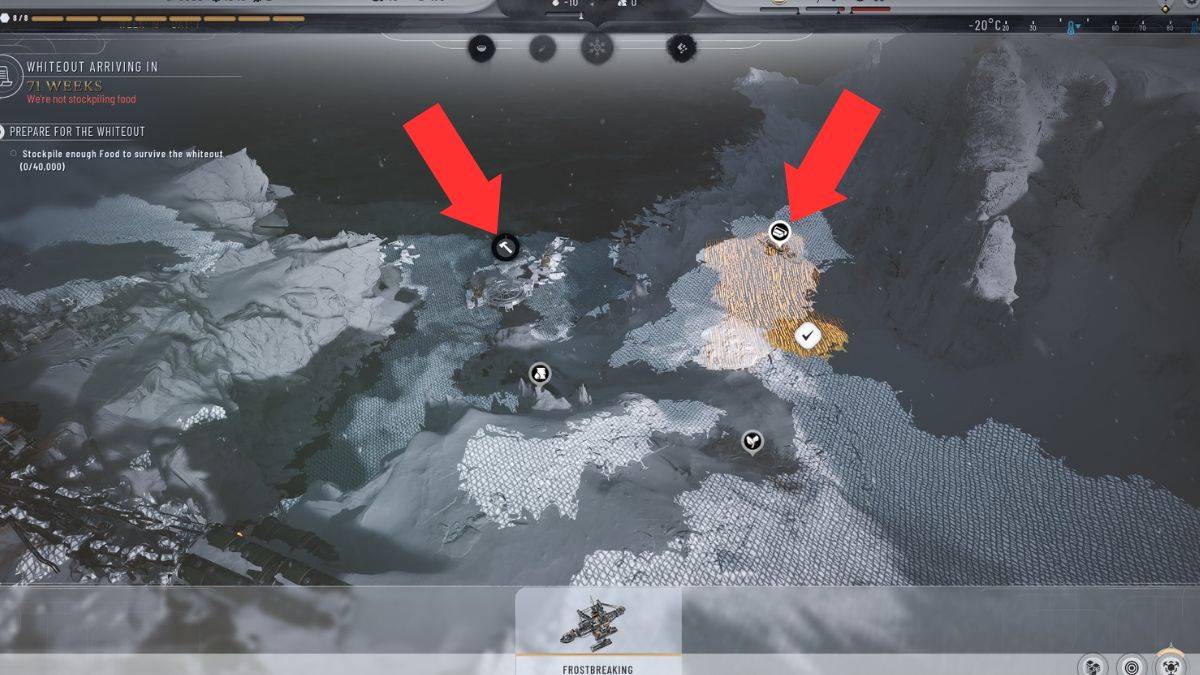 Una colonia de focas y un carro de materiales están resaltados con flechas durante la misión Prólogo de Frostpunk 2.