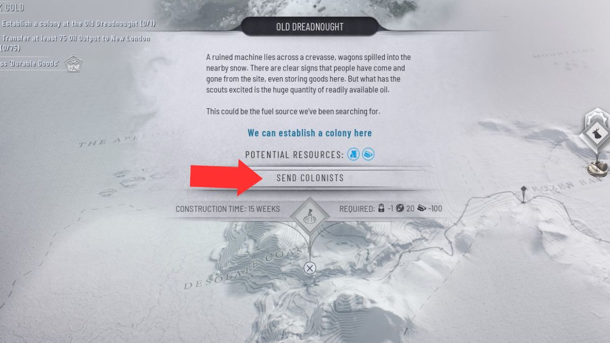 El comando enviar colonos en Frostpunk 2 resaltado por una flecha, necesario para completar el capítulo 1.