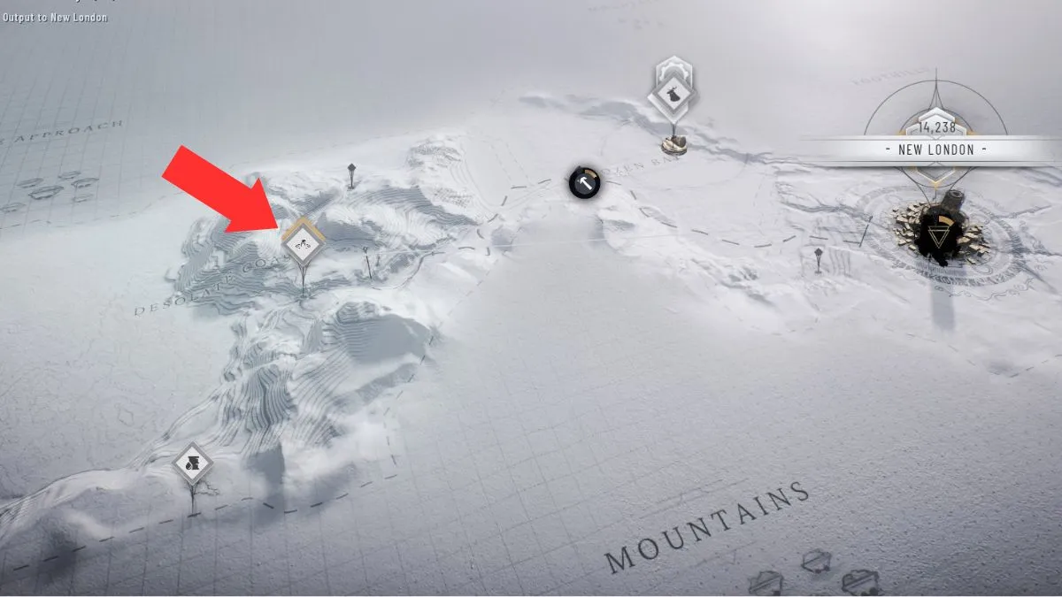 The location of the endless fuel source highlighted with an arrow on the overworld map during Chapter 1 in Frostpunk 2.