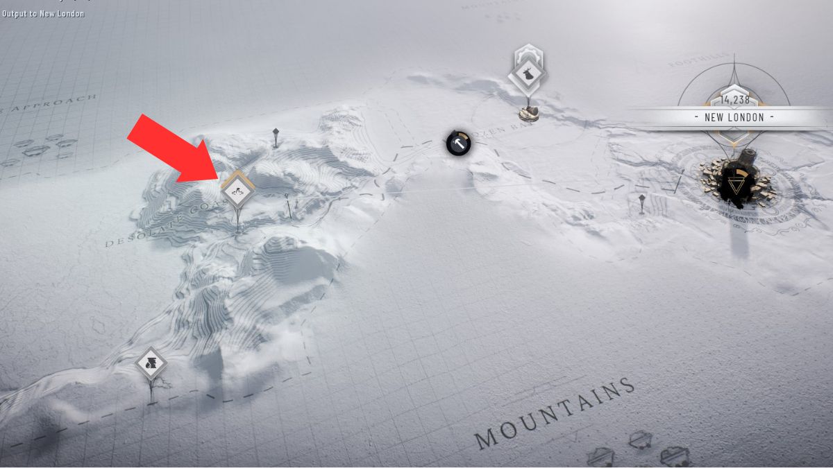 La ubicación de la fuente interminable de combustible resaltada con una flecha en el mapa del mundo durante el Capítulo 1 en Frostpunk 2.
