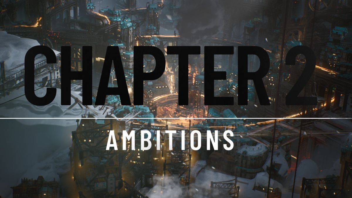 The start screen of Chapter 2 in Frostpunk 2, just before the player must make a choice to defeat the frost or embrace the frost.