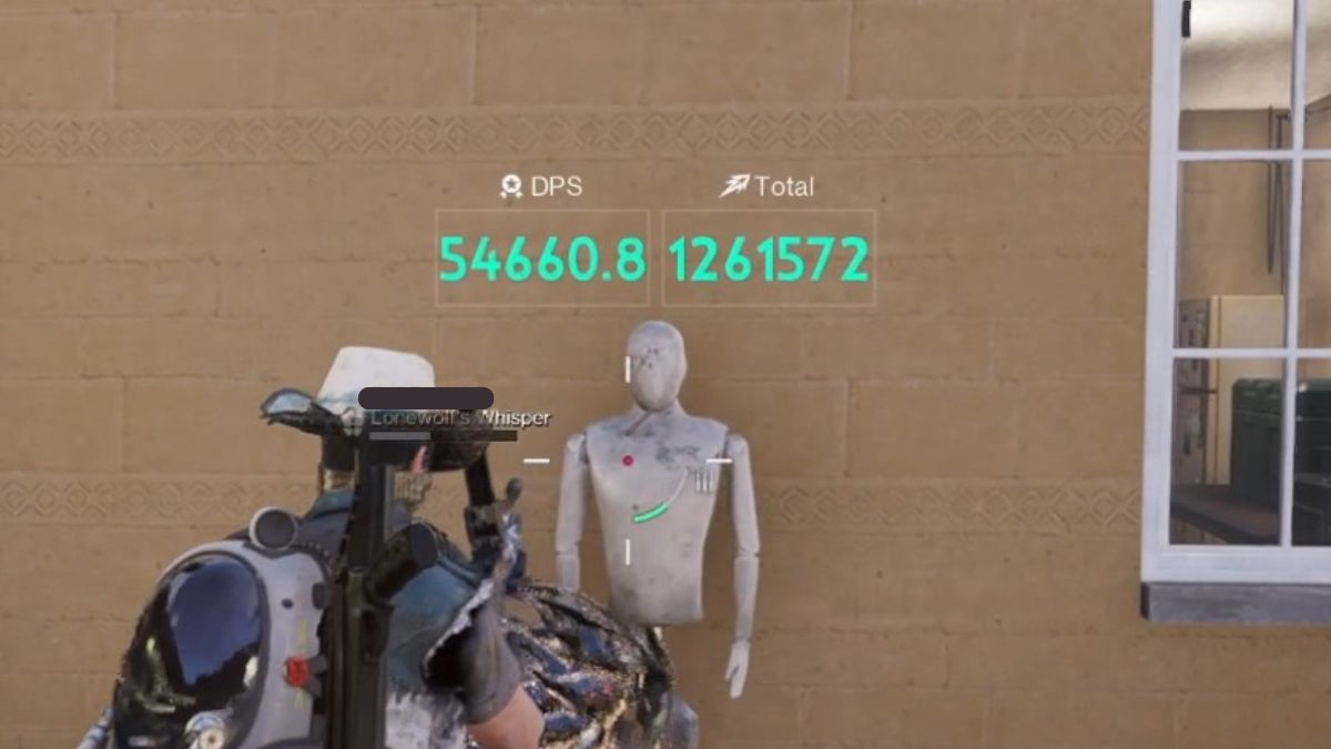 The total buffed sustained damage for the Fast Gunner crit build visible on screen above the testing dummy's head.