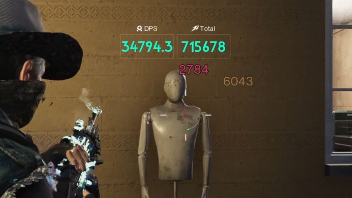 The total unbuffed sustained damage for the Fast Gunner crit build visible on screen above the testing dummy's head.