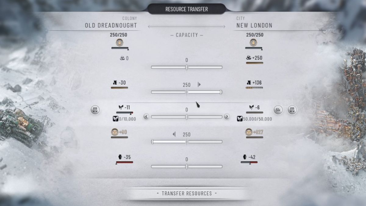 La pantalla de transferencia de recursos en Frostpunk 2, que ofrece consejos sobre cómo superar el Capítulo 2 con una gestión inteligente de recursos.