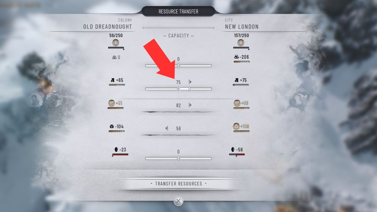 Las condiciones de victoria se cumplen en la pantalla de transferencia de recursos durante el Capítulo 1 en Frostpunk 2.