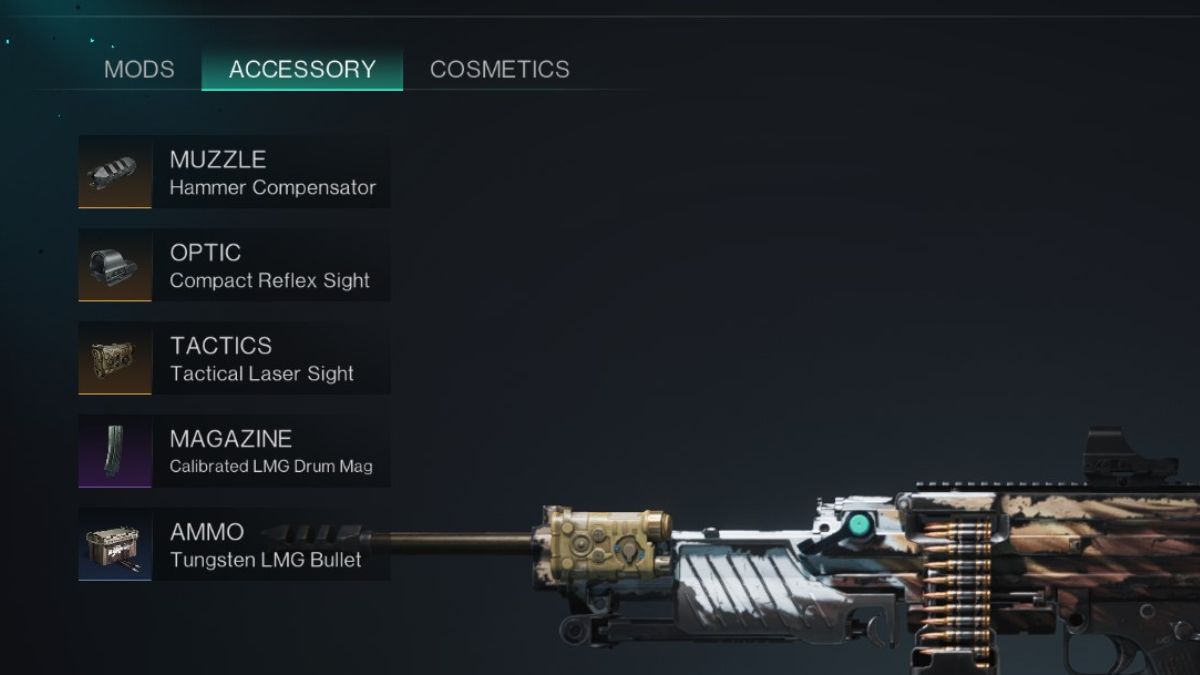 The weapon accessories screen in Once Human, showing the best setup for the MG4 as part of the Crit DMG Fast Gunner build.