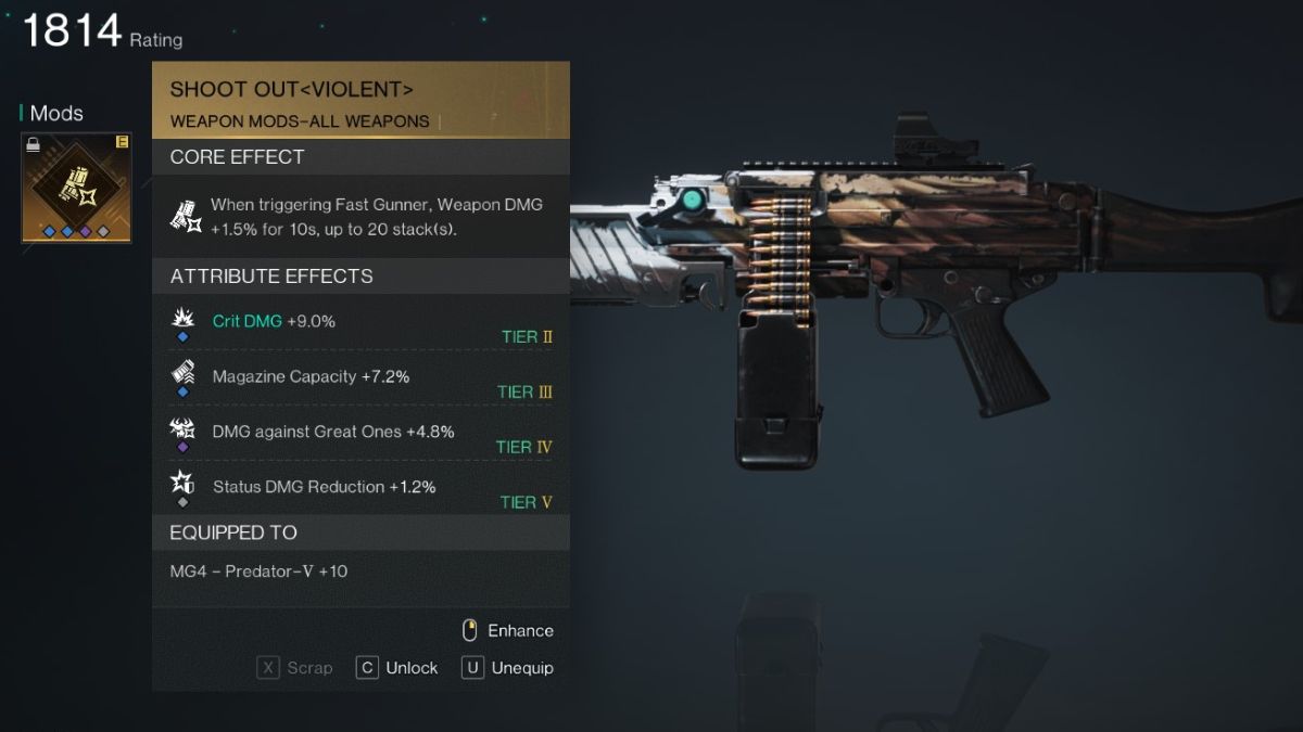 The weapon customization screen with the equipped mod visible, showing the best mod for the MG4 Crit Damage Fast Gunner build.