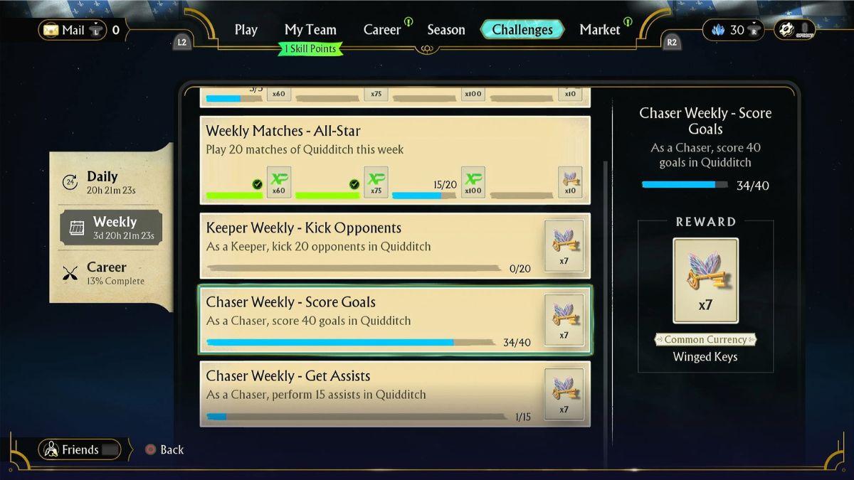 The Weekly Challenges screen in Harry Potter: Quidditch Champions where players can earn Winged Keys.