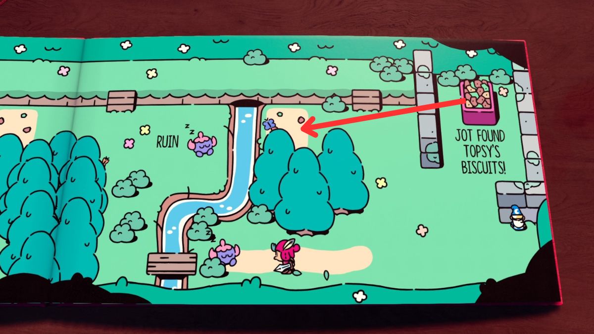 La bandeja de galletas de Topsy en The Plucky Squire con una flecha que muestra dónde moverla a continuación.