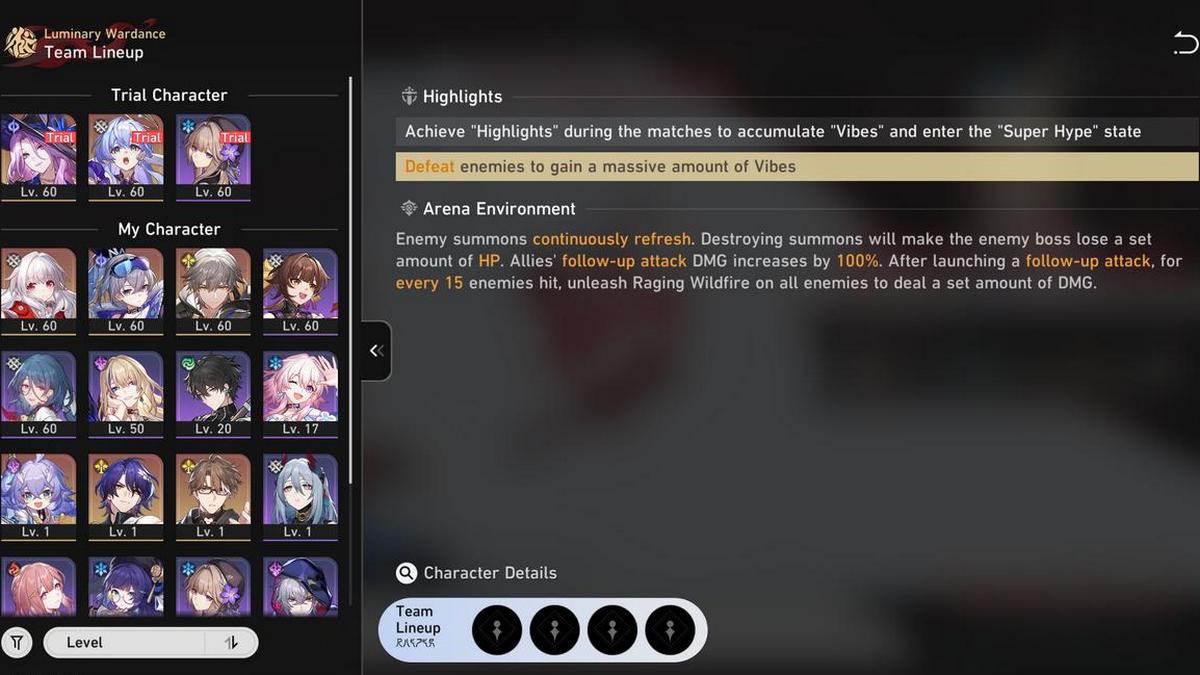 A character selector screen in the Luminary Wardance event in Honkai: Star Rail.