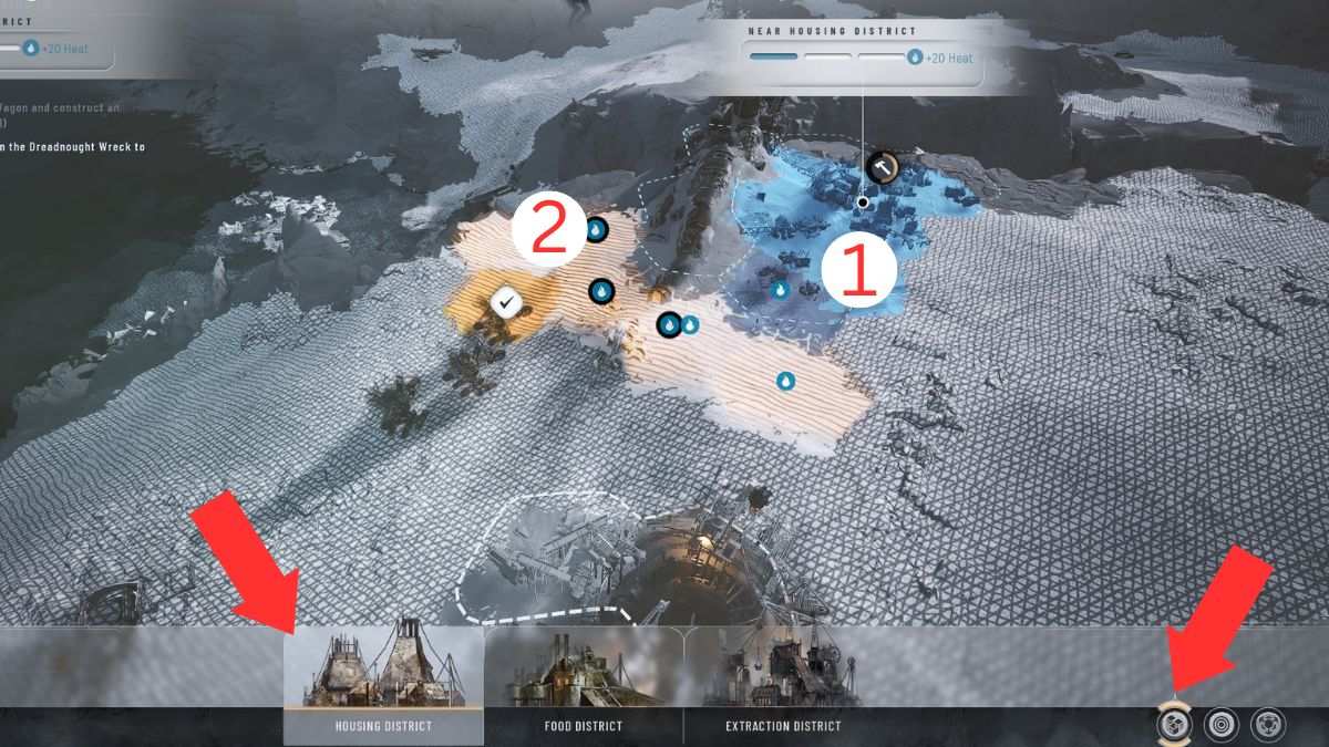 Dos distritos de viviendas construidos cerca del generador en Frostpunk 2, con flechas que muestran cómo construir uno.