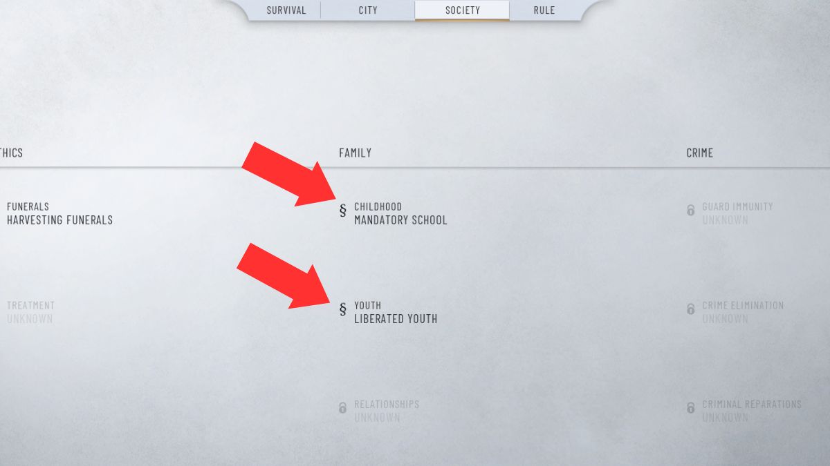 Dos leyes resaltadas en la pantalla del Consejo que ayudarán a los jugadores a aumentar su fuerza laboral en Frostpunk 2