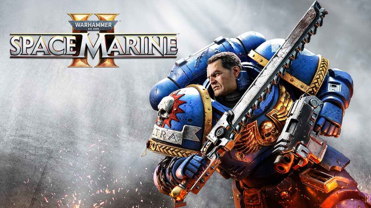 Cover art of Warhammer 40,000: Space Marine 2 featuring an intense and battle-ready Space Marine, clad in blue and gold armor.