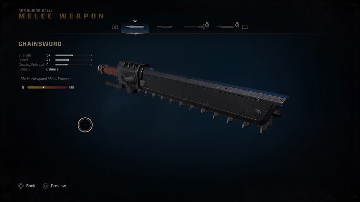 The Chainsword, a melee weapon in Warhammer 40,000: Space Marine 2, displayed with its attributes such as strength, speed, and cleaving potential, emphasizing its balance between attack and defense.