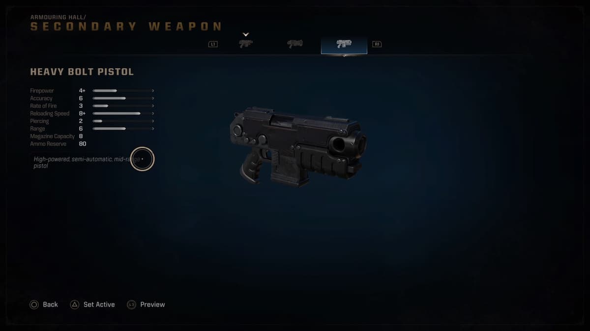 Display of the Heavy Bolt Pistol in Warhammer 40,000: Space Marine 2, highlighting its semi-automatic mid-range firing abilities, with detailed stats on accuracy and firepower.