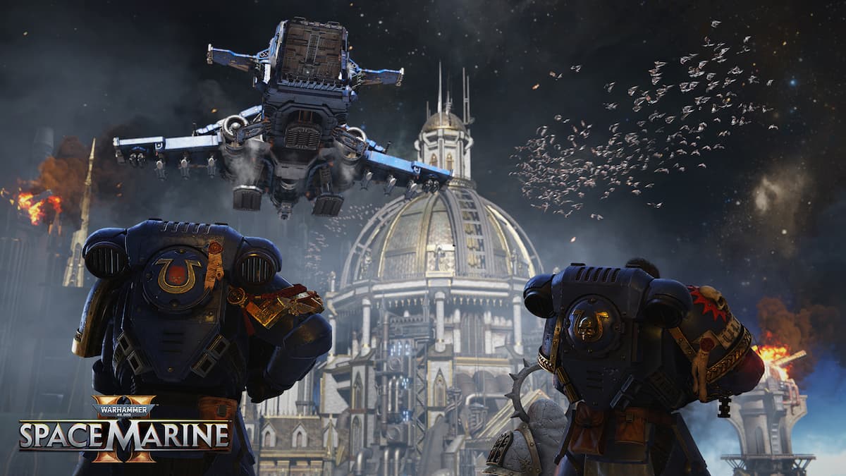 Two Ultramarines observe a transport aircraft landing amidst a burning cityscape in Warhammer 40,000: Space Marine 2.