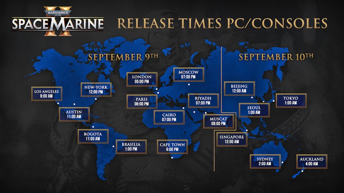 A global map showing the release times for Warhammer 40,000: Space Marine 2 on PC and consoles, with times listed for various cities and their release times.