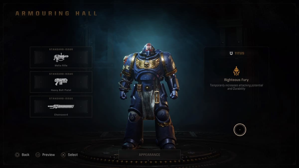 Space Marine Titus stands proudly in the Armouring Hall, equipped with a Melta Rifle, Heavy Bolt Pistol, and Chainsword. His Righteous Fury ability is highlighted.