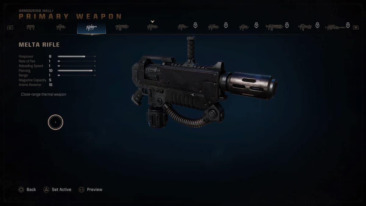 Close-up of the Melta Rifle in Warhammer 40,000: Space Marine 2, showcasing its firepower and piercing capabilities, designed for close-range thermal combat.