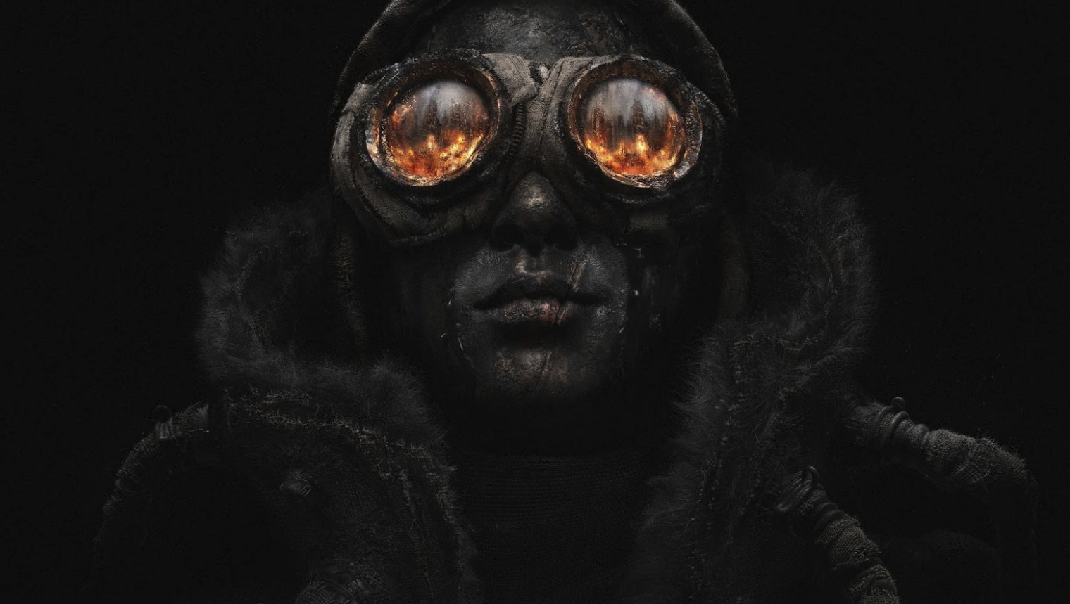 Frostpunk 2 artwork of a survivor whose goggles reflect fire, echoing the volcanic setting of Breach of Trust