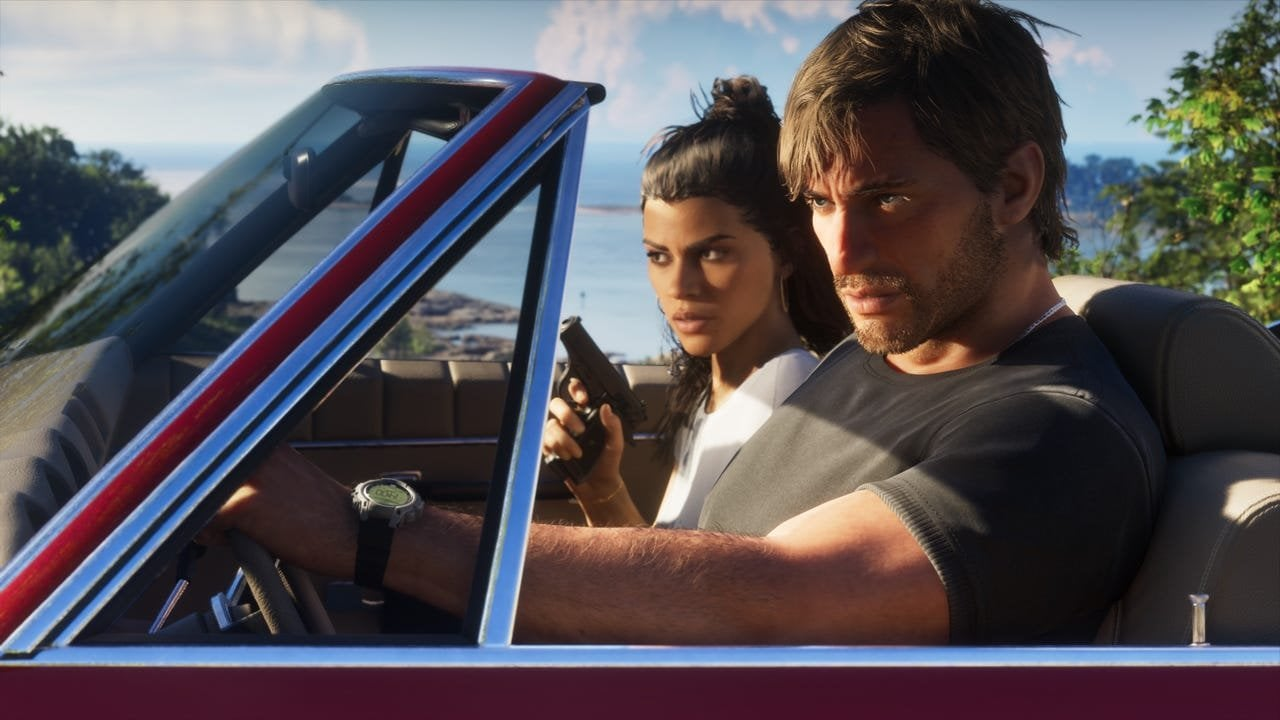 Lucia holds a pistol in the passenger seat as Jason drives a convertible along the Vice City coast in Grand Theft Auto VI
